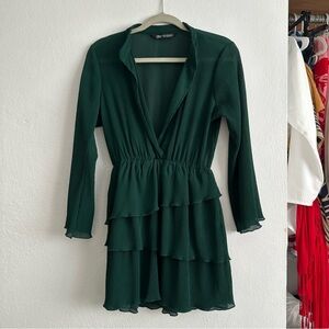 Zara Dark Green Long Sleeve Ruffle Mini Dress